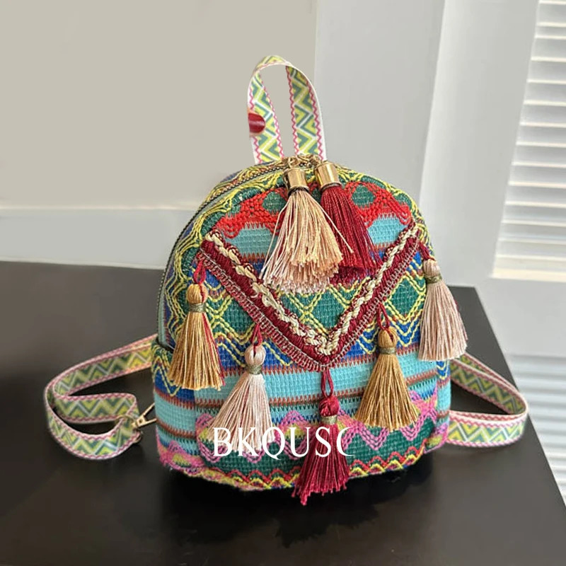 BKQUSC Fashion Mini Straw Woven Womens Backpack Stylish Ethnic Style Retro Color Stitching Small Backpacks Female Storage Bag 260624