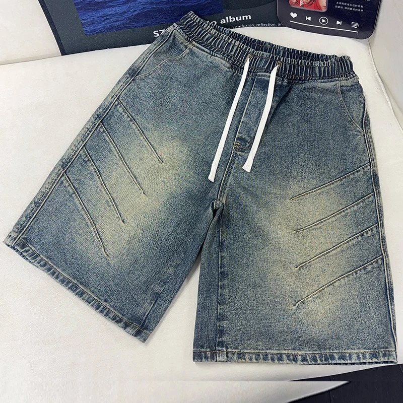KSTUN 2026 Summer Vintage Blue Denim Shorts Men Elastic Waist Drawstring Loose Fit Jorts Casual Streetwear Wide Leg Jean Shorts 260623