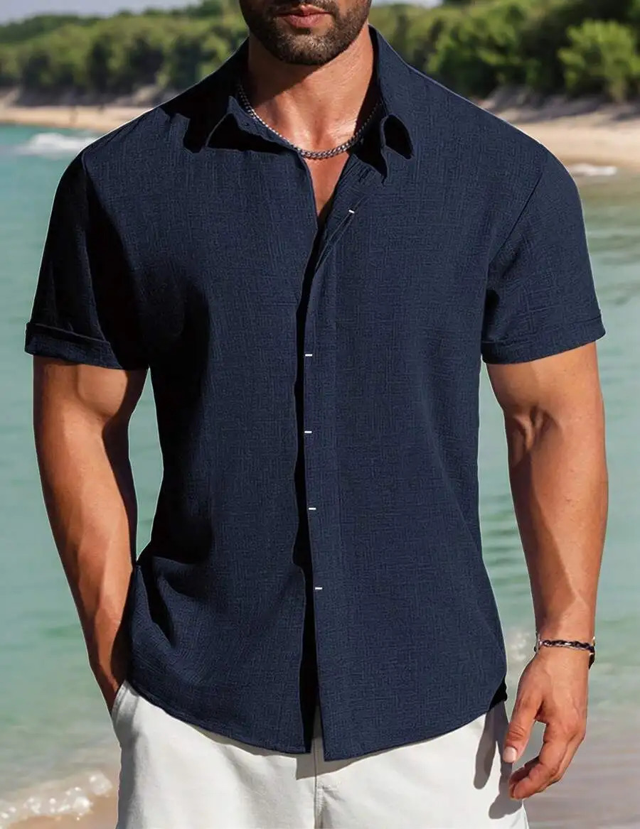 Mens Short Sleeve Casual Linen Shirt Button Down Summer Beach Top 260617