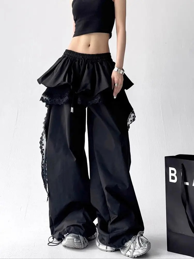 Black Cargo Pants Women Streetwear Lace Patchwork White Wide Leg Pants Summer Gyaru Harajuku Korean Baggy Trousers 260622