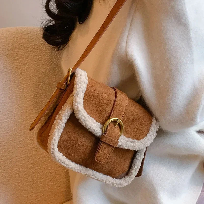 Autumn Winter Plush Bag Womens Korean Retro Small Square Handbags Suede Lamb Wool Patchwork Shoulder Crossbody Bags 260624