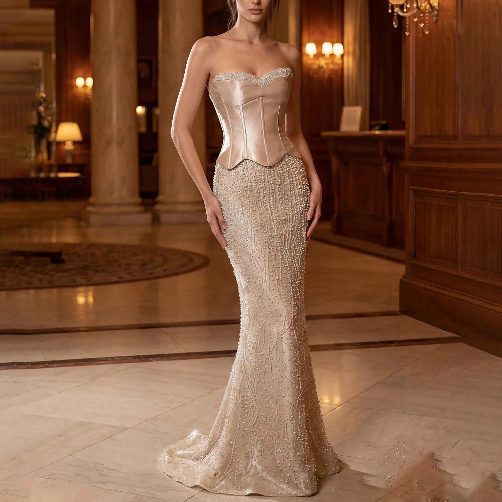 Custom Prom Dress Luxury 2026 Beading Sweetheart Neck Satin Corset Formal Mermaid Dress Floor Length Sweetheart evening gowns custom made