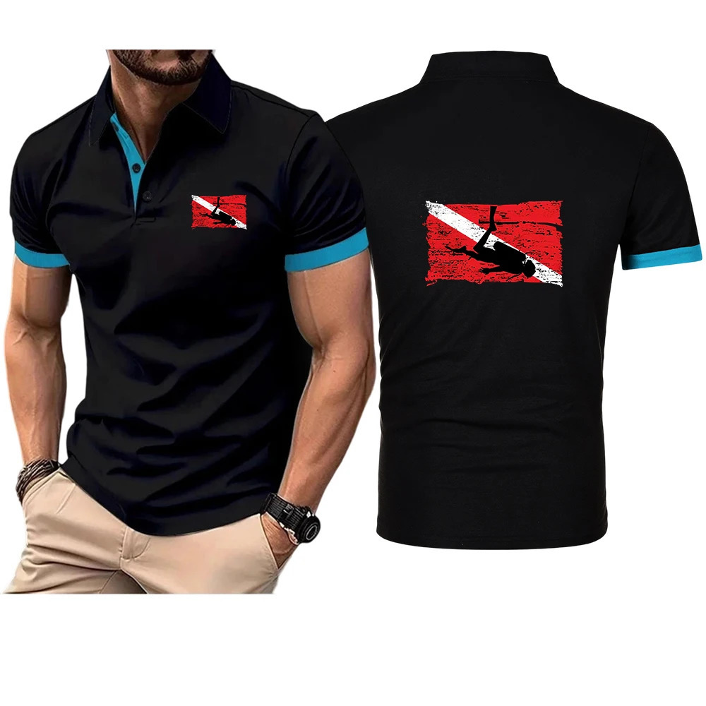 2026 Scuba Diving Diver Print Mens Summer Lapel Collar Slim Cotton Polo Shirts Solid Color High Street Short Sleeve 260624