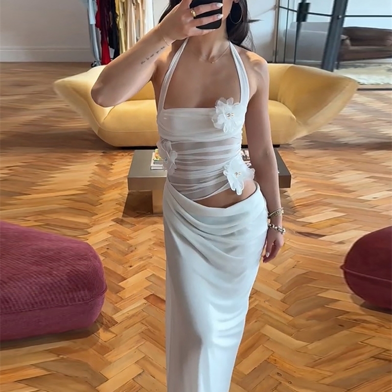 Dulzura Summer Latest Fashion Halter Backless Flower Decoration Sheer Mesh Long Dress WomenS Sexy Elegant Outfit Party Clubwear 260623