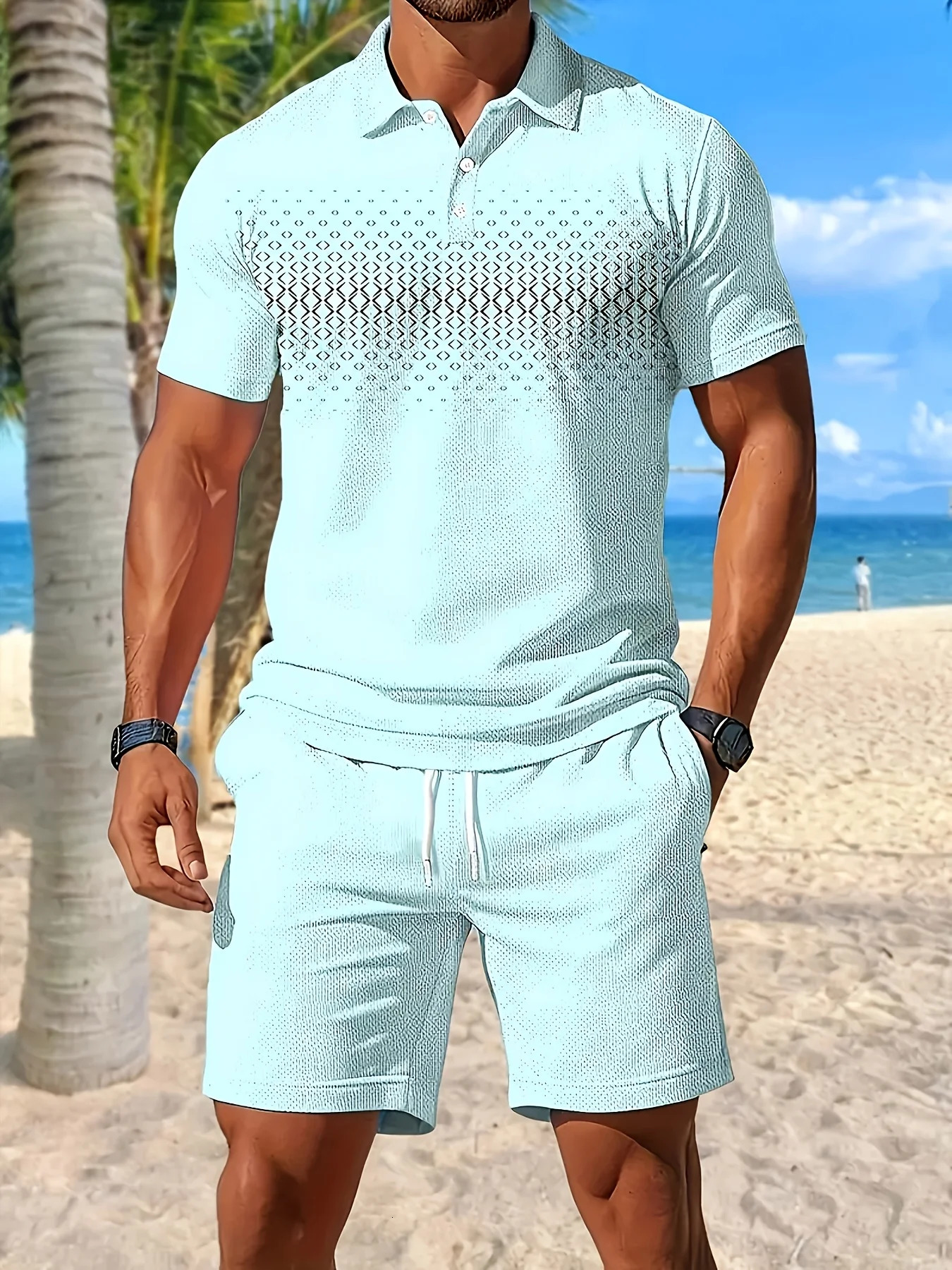 2026 Summer Mens Polo Shirt Set Stylish ShortSleeve Collared TShirt and Drawstring Shorts Casual Sportswear 260624