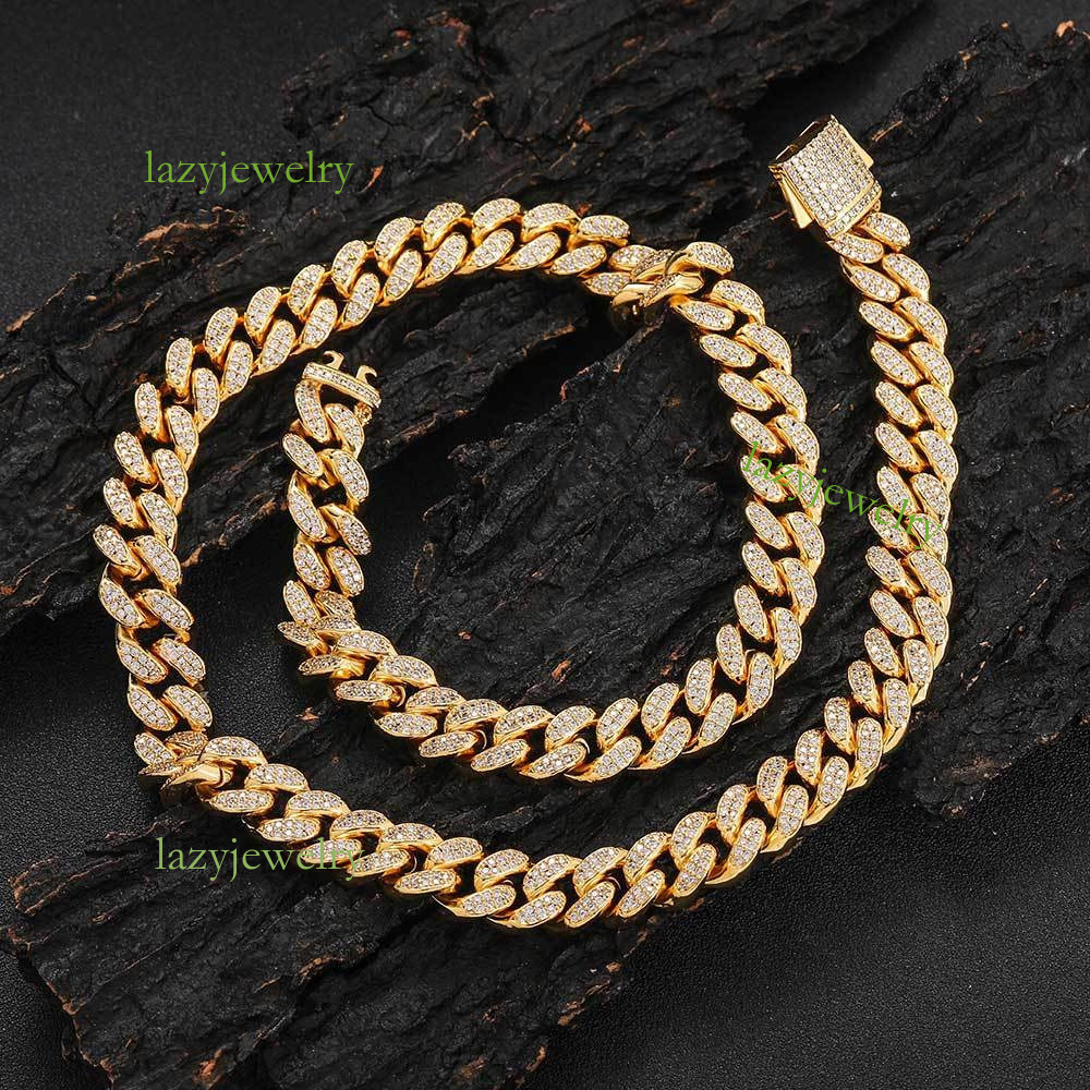 Hip Hop rock style 12mm full diamond moissanite Cuban chain inlay diamond ice crystal Myermi necklace bracelet s925 silver through GRA test