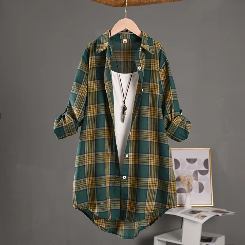 Womens Cotton Linen Plaid Shirt Mid-length Outer Wear Sun Protection Spring and Summer Loose Thin Jacket 260623