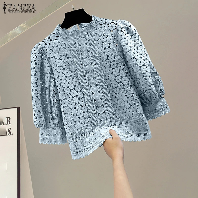 ZANZEA Women Elegant Lace Blouse 34 Puff Sleeve Solid Color Tunic Tops 2026 Summer ONeck Seethrough Casual Office Lady Shirts 260623