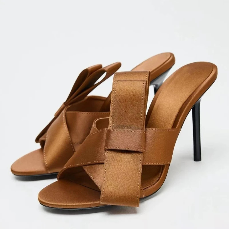 Fashion Side Bow Womens Mules with Heels Summer Sexy Open Toe Stiletto Slippers Elegant Party Dress Heeled Sandals 260624