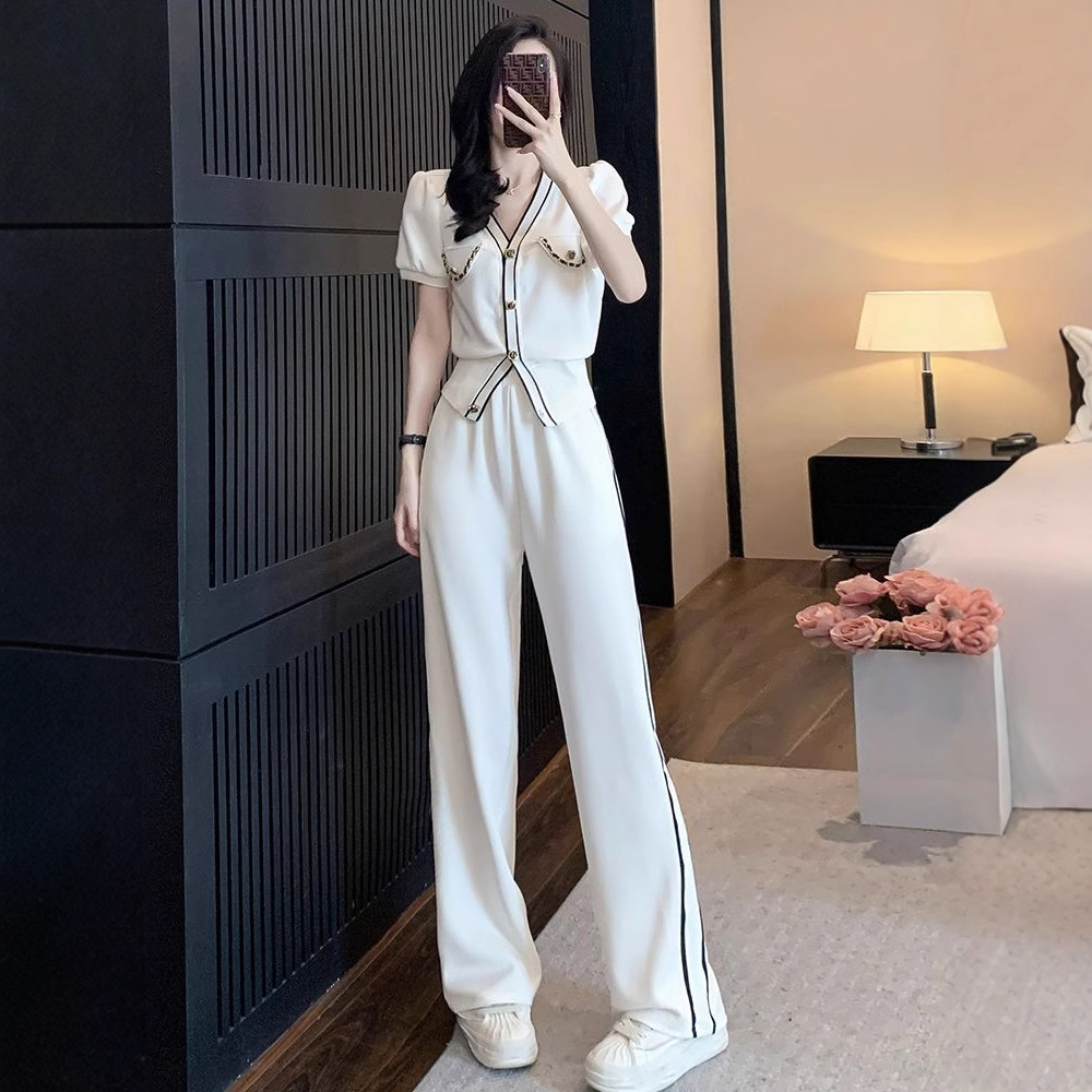 Women's summer casual sports suit, European fashion, lightweight cardigan top and straight wide-leg pants two-piece set