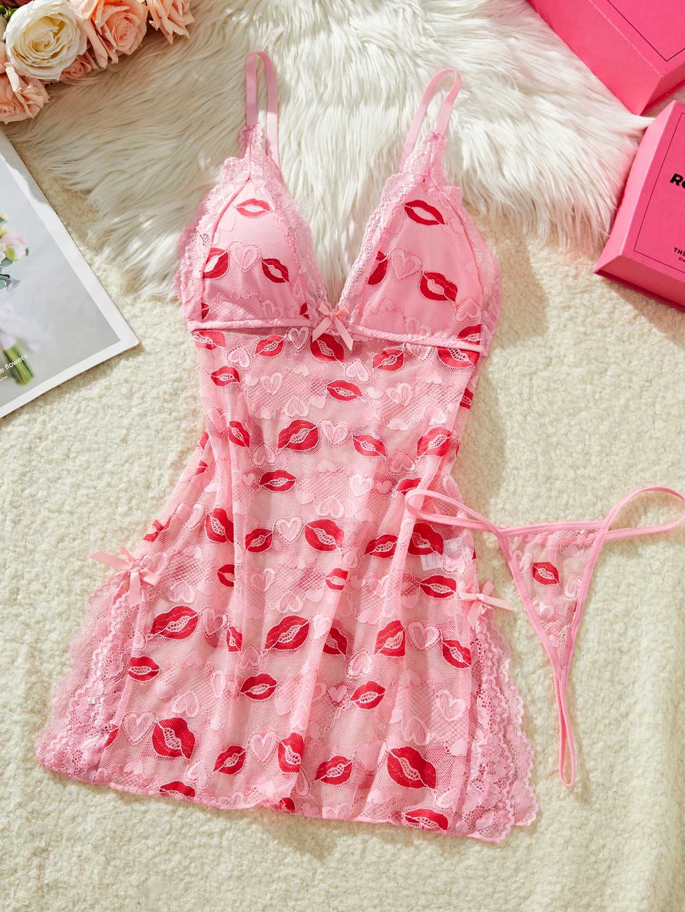 Prints Lips Pink Lace Sexy Lingerie Women See Through Babydoll Dress Slim Soft V Neck Side OpenSleepwear Festival Gift D260623