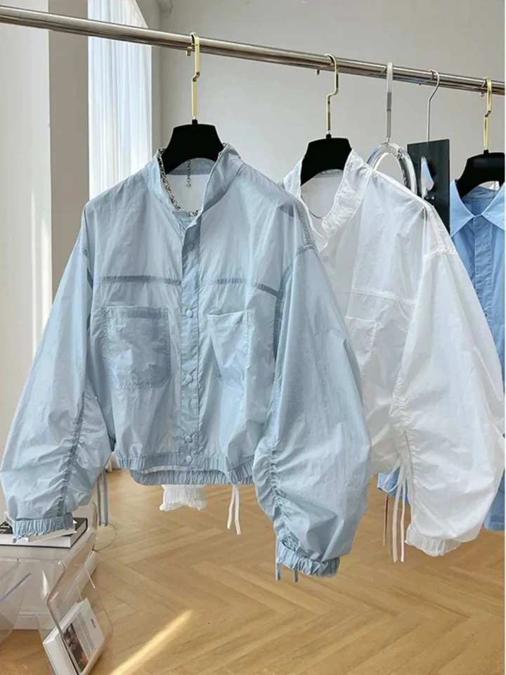 Womens Jacket Top Spring Autumn Thin Sun Protection Loose Baseball Coat Stand Collar n Trench Coat Top Windbreaker 260623