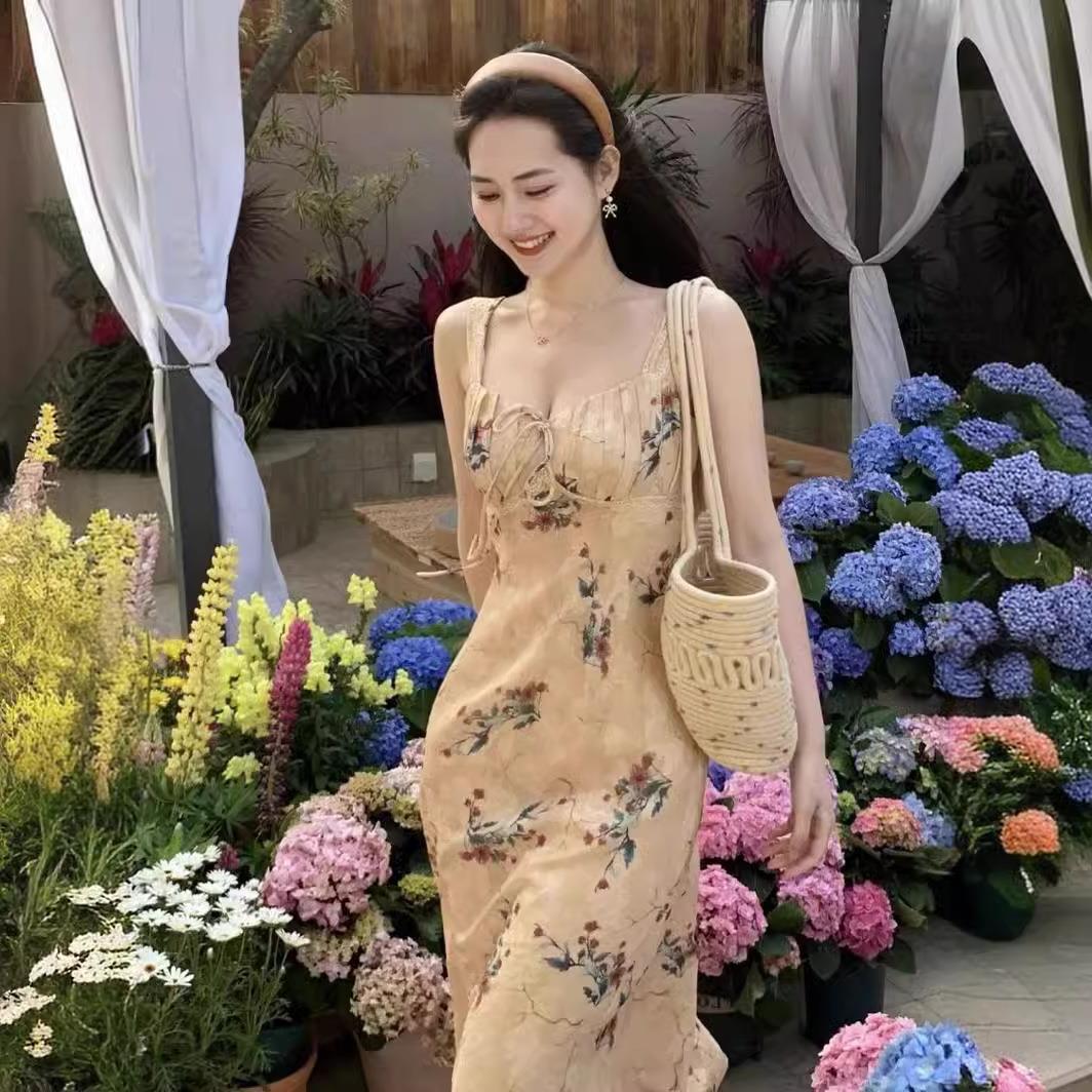 Q0446 retro new Chinese style elegant temperament pure desire sexy woman flavor waist thin A word suspender dress summer