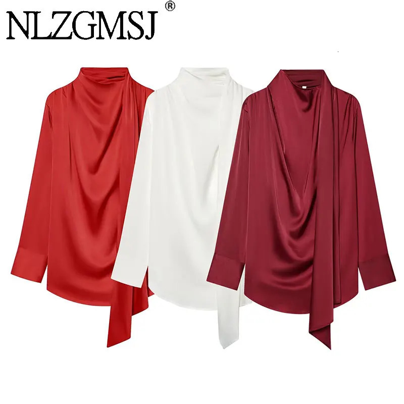 Nlzgmsj 2026 Spring Elegant Womens Satin Blouse Scarf collar Draped Front Long Sleeve Office Shirt for Women 260623