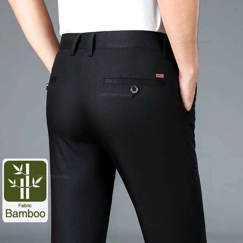 Pantaloni casual da uomo in tessuto in fibra di bambù estivi nuovi pantaloni da lavoro dritti morbidi elastici ultrasottili classico nero kaki grigi