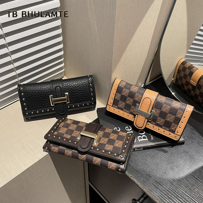 TB BHULAMTE Women's PU Texture Long Coin Purse 2025 New Multifunctional Retro Wallet Rivet Plaid Print Clutch