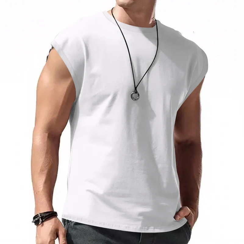 Independent station 24 crossborder mens summer sleeveless tshirt youth casual loose solid color thin shoulder spo 260624