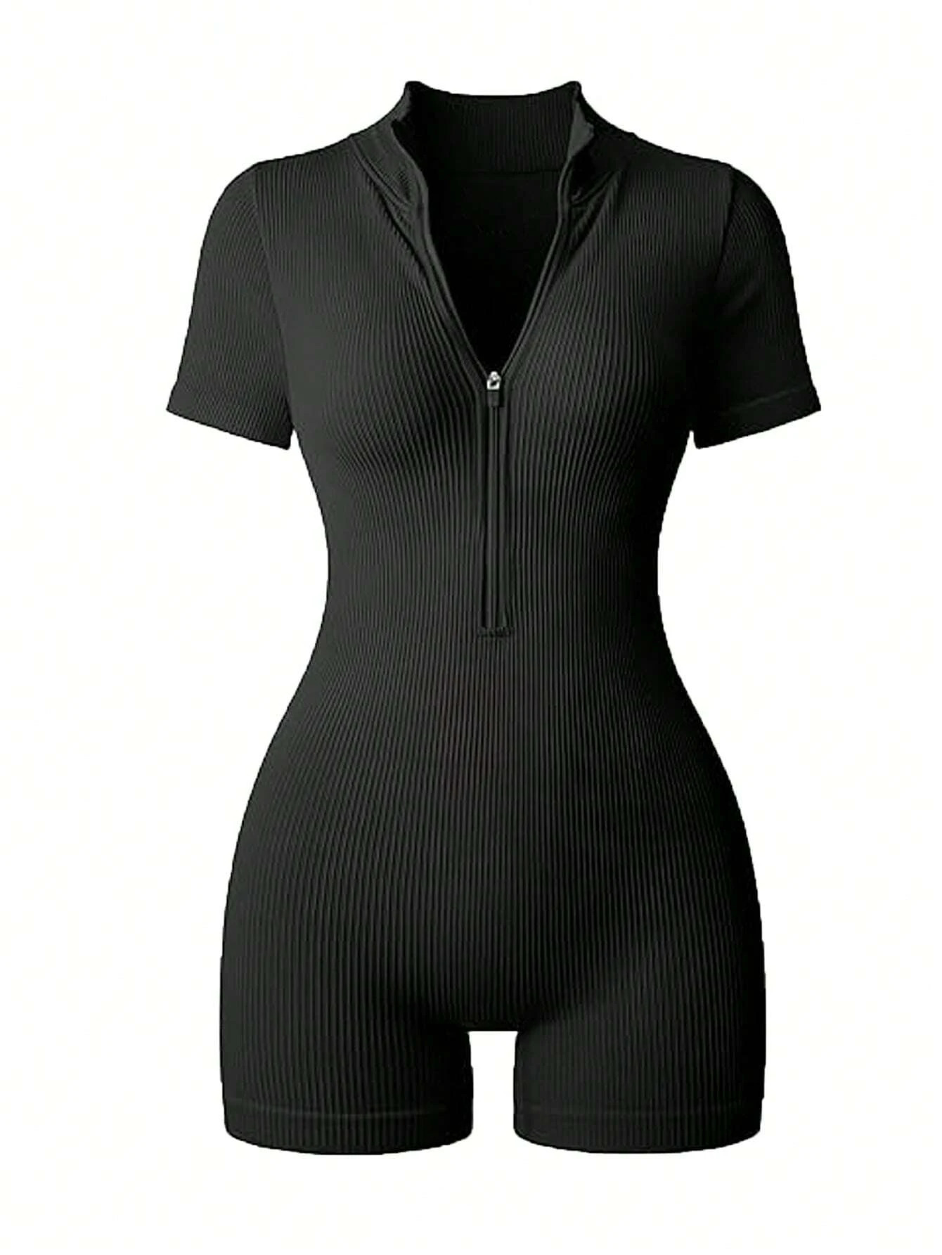 Womens Solid Color Half Zip Ribbed Knit Short Sleeve Romper Sports Soft Slim Fit Mock Neck Jumpsuit Streetwear Summer 260623