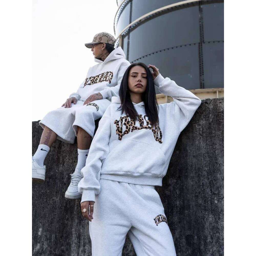 new fashionable leopard print letter embroidery street casual men's and women's versatile hooded sweatshirt pants set Y2K 26L0624