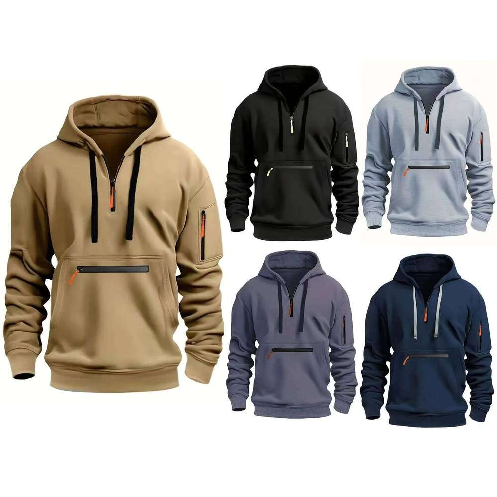 Men's solid color half zipper design long sleeved hooded sweatshirt with kangaroo bag, suitable for casual daily wear in J260624
