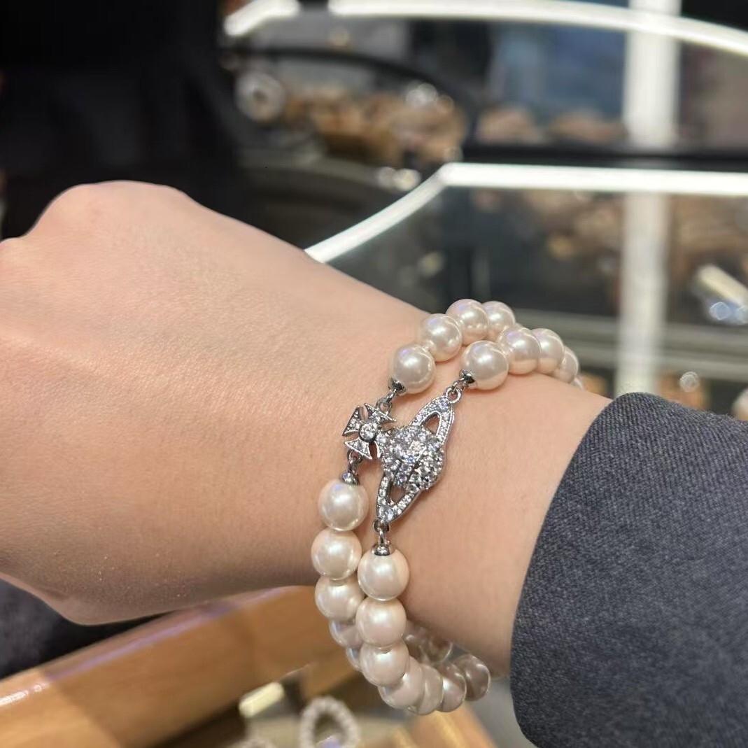 Vivienme Bracelets Designer Bracelets Luxury Women Bracelets Double Layer Pearl Orb Saturn Wrist Chain Stackable Hand Jewelry with box