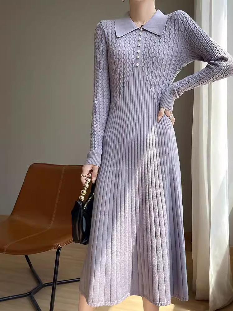 (238) Long dress for women with twisted pearl button long sleeve knitted sweater loose bottoming long skirt-image-1111983438