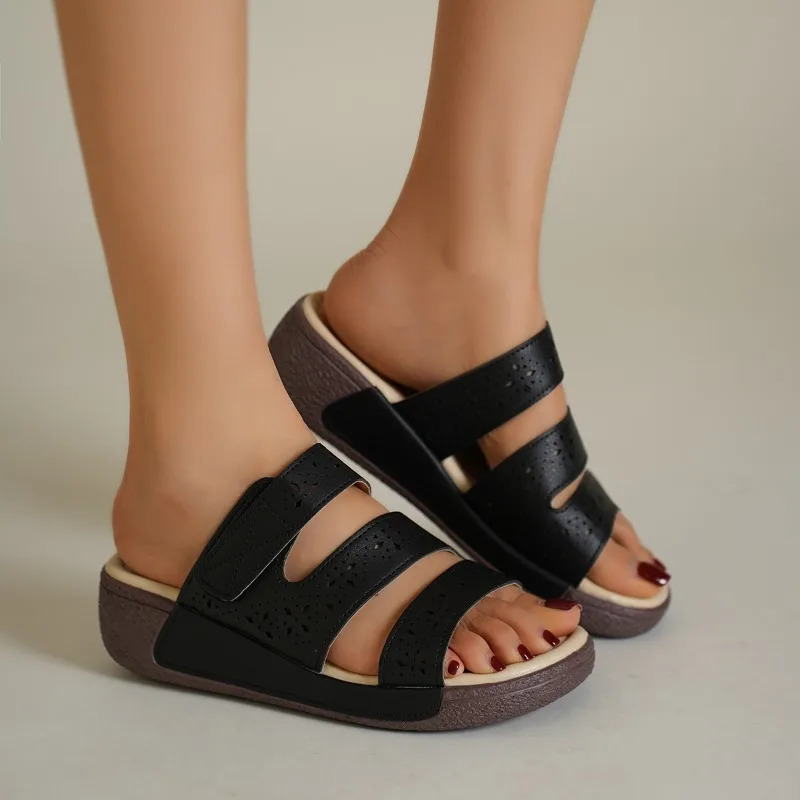 Womens Solid Color Platform Roman Sandals PU Comfortable Summer Casual Plus Size Slip-on Hollow-out Womens Flat Shoes 260623