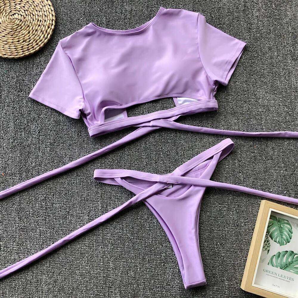 2 Pieces Bikini Women Sexy Swimwear Swimsuit Hollow Short Sleeve High Waist Solid Bikinis Set Beach Bathing Suit Banadores Mujer W260624