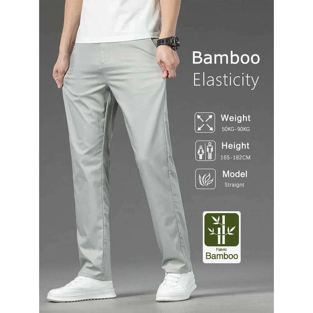 Thin Men Bamboo Summer Pants Casual High Quality Business Classic Fashion Stretch Slim Formal Straight Trousers Black Gray Khaki W260624