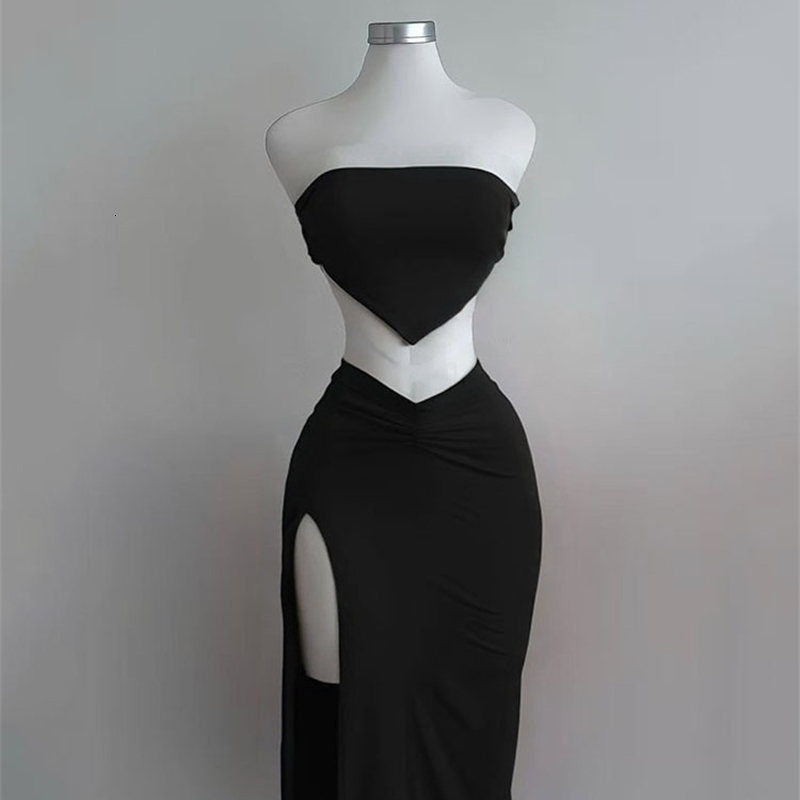 Strapless Backless Crop Top High Waist Skirt 2 Piece Set Women Summer Sexy Slim Fit Split Midi Dress Tube Suits Party Club Sets y260613