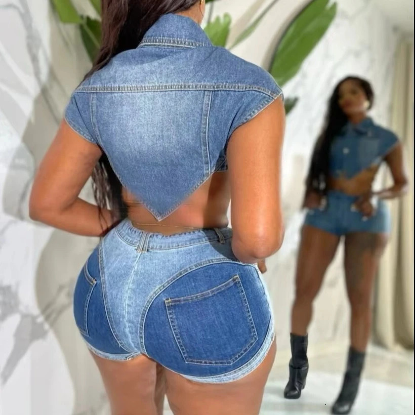 Two Piece Sets Women Denim Outfits Shorts Top Single Breasted Stretch Matching Sets Y2k Streetwear Sexy Short Pants Suit 260623