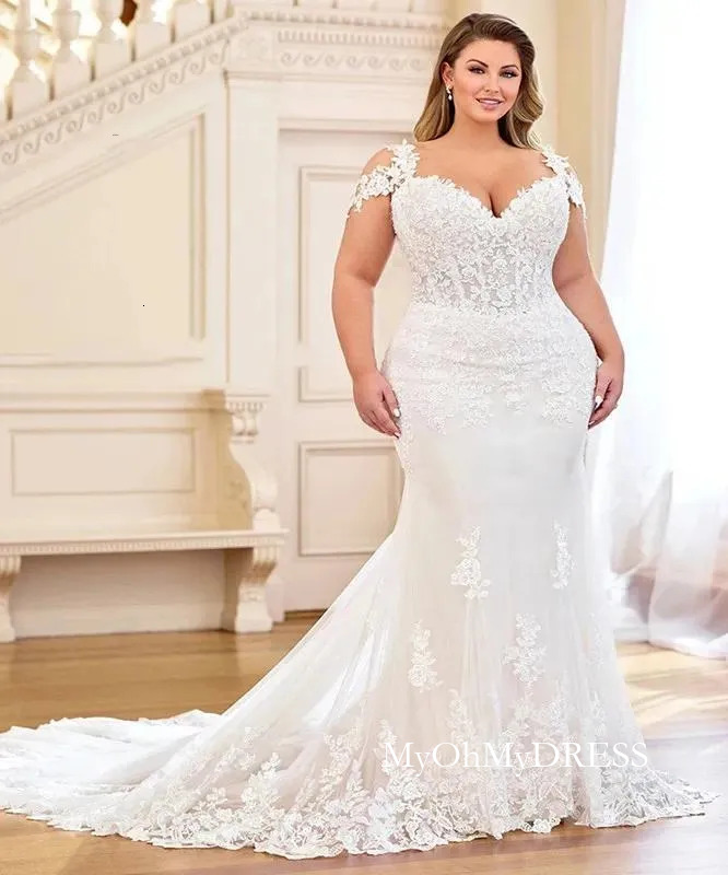 Princess Mermaid Wedding Dresses With Cap Sleeves Lace Applique Floral Outdoor Plus Size Country Bride Gowns Y624