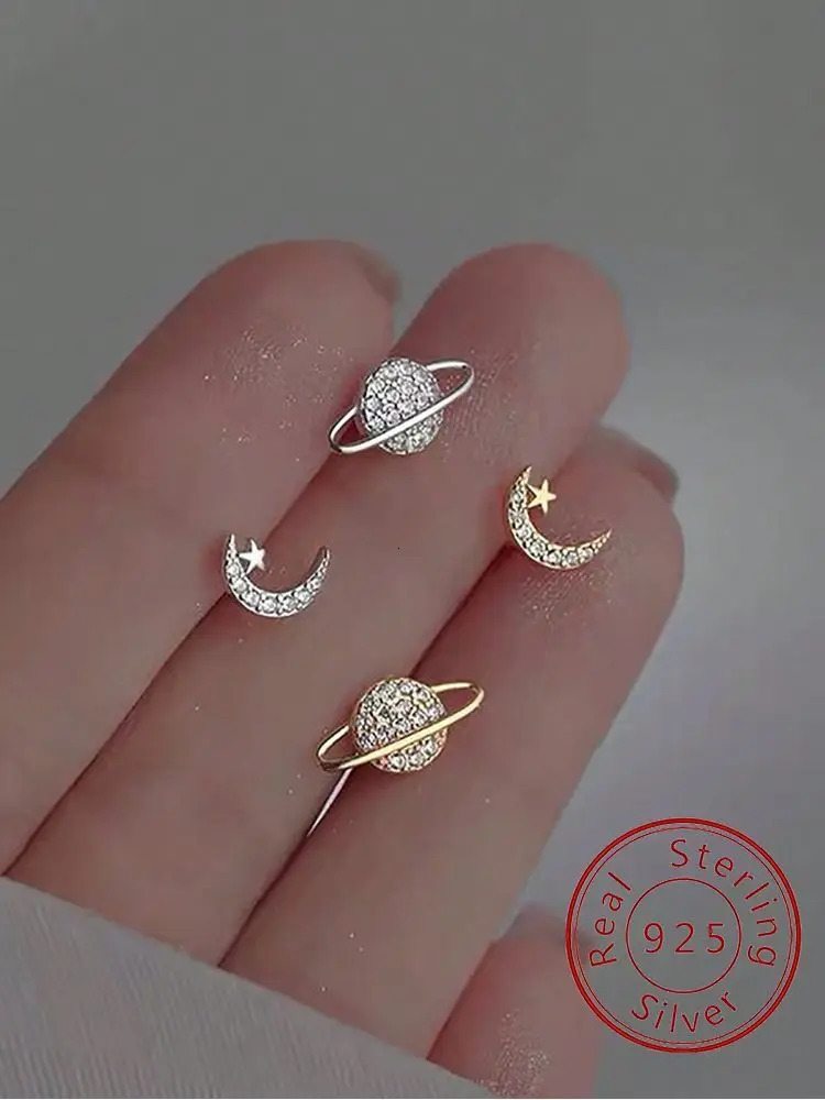 925 Sterling Silver Personalized Asymmetric Planet Moon Stud Earring For Women Engagement Wedding High Quality Fine Jewelry 260623