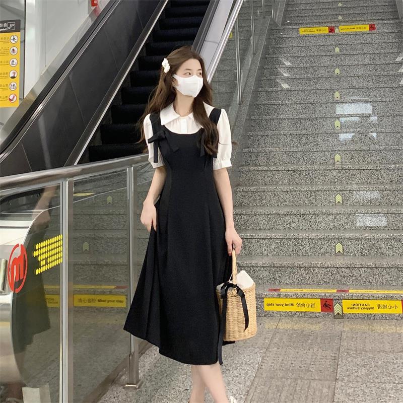 Q0443 French gentle wind splicing fake two-piece bow dress women's summer new temperament thin strap long skirt
