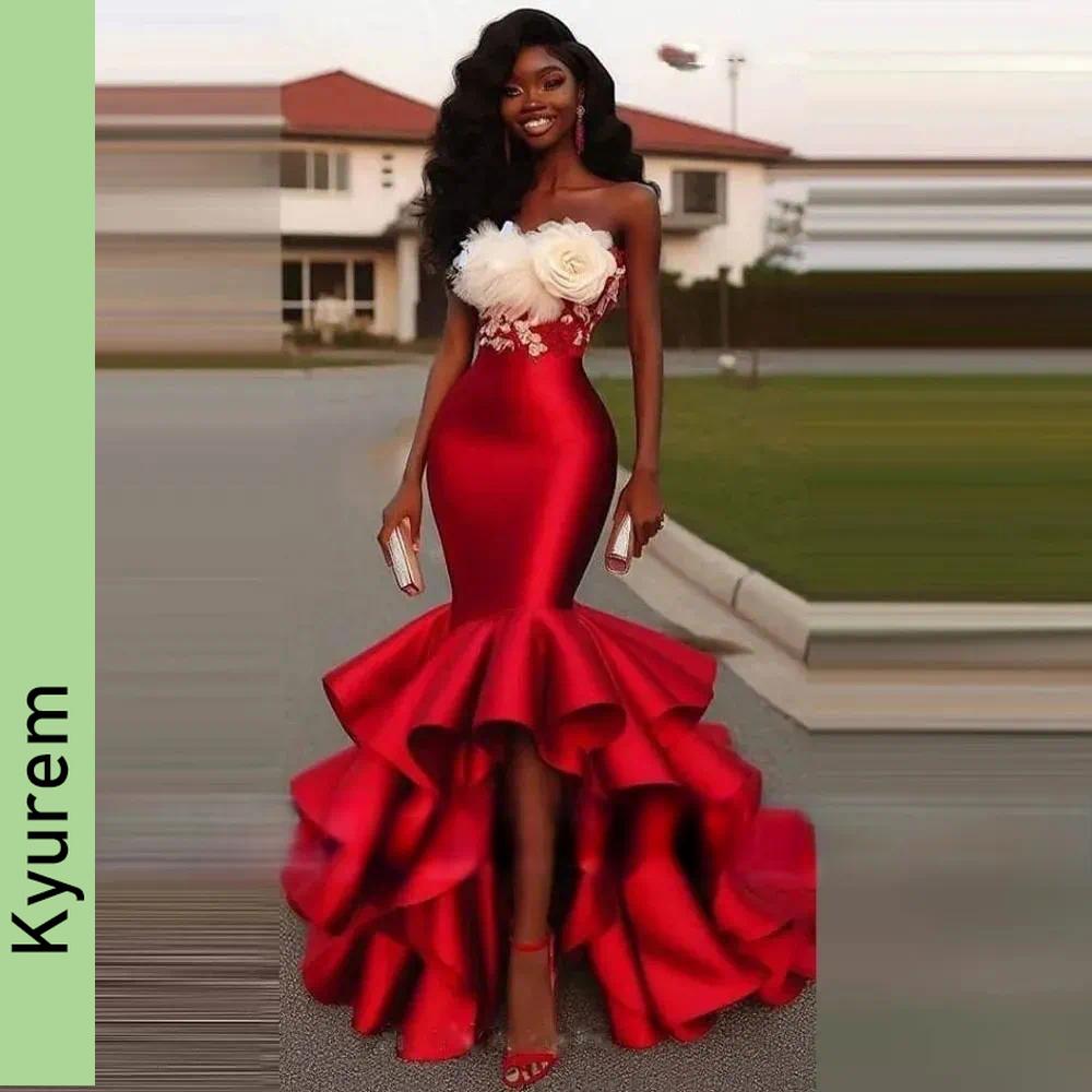 Luxury Red Mermaid Prom Dresses Strapless Satin 3D Flowers Appliques High Low Corset Evening Gowns custom made color/size
