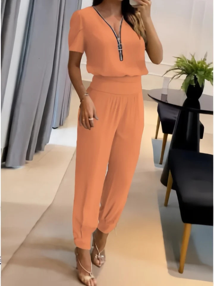 TwoPiece Set VNeck Zipper Short Sleeve Top Bunched Pants Suit Ladies Fashion Solid Color Casual Clothes Trousers Outfit 260623banjia