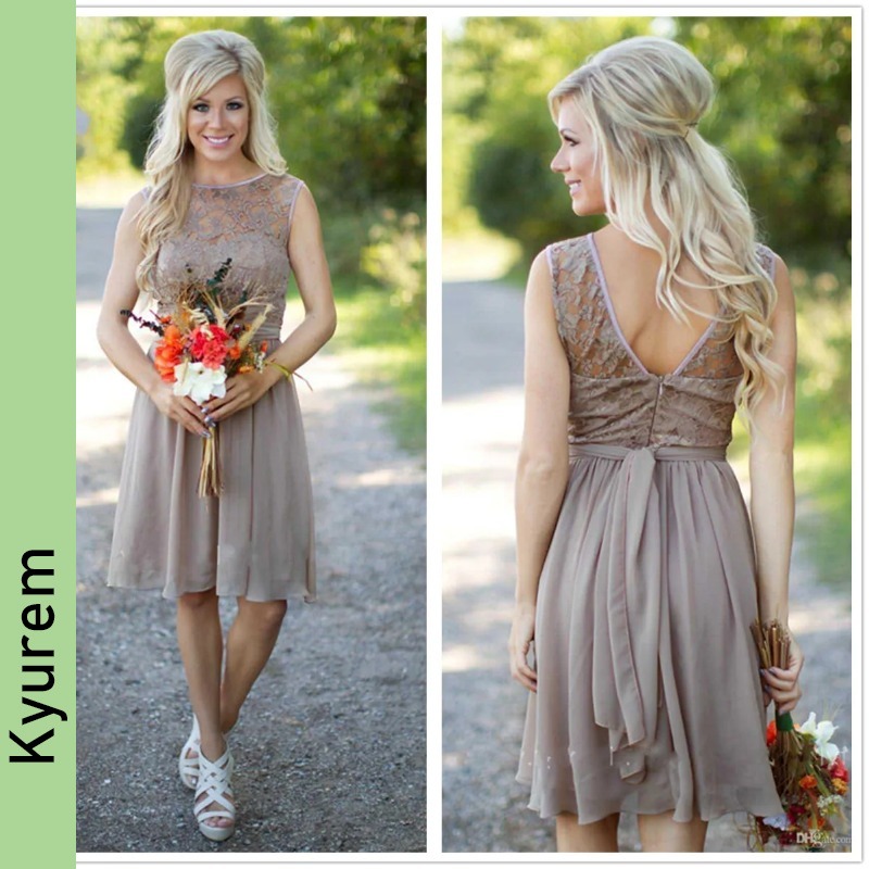 Chiffon Short Country Bridesmaid Dresses Sheer Lace Knee Length A Line Short Mini Guest Party Dresses Customizable