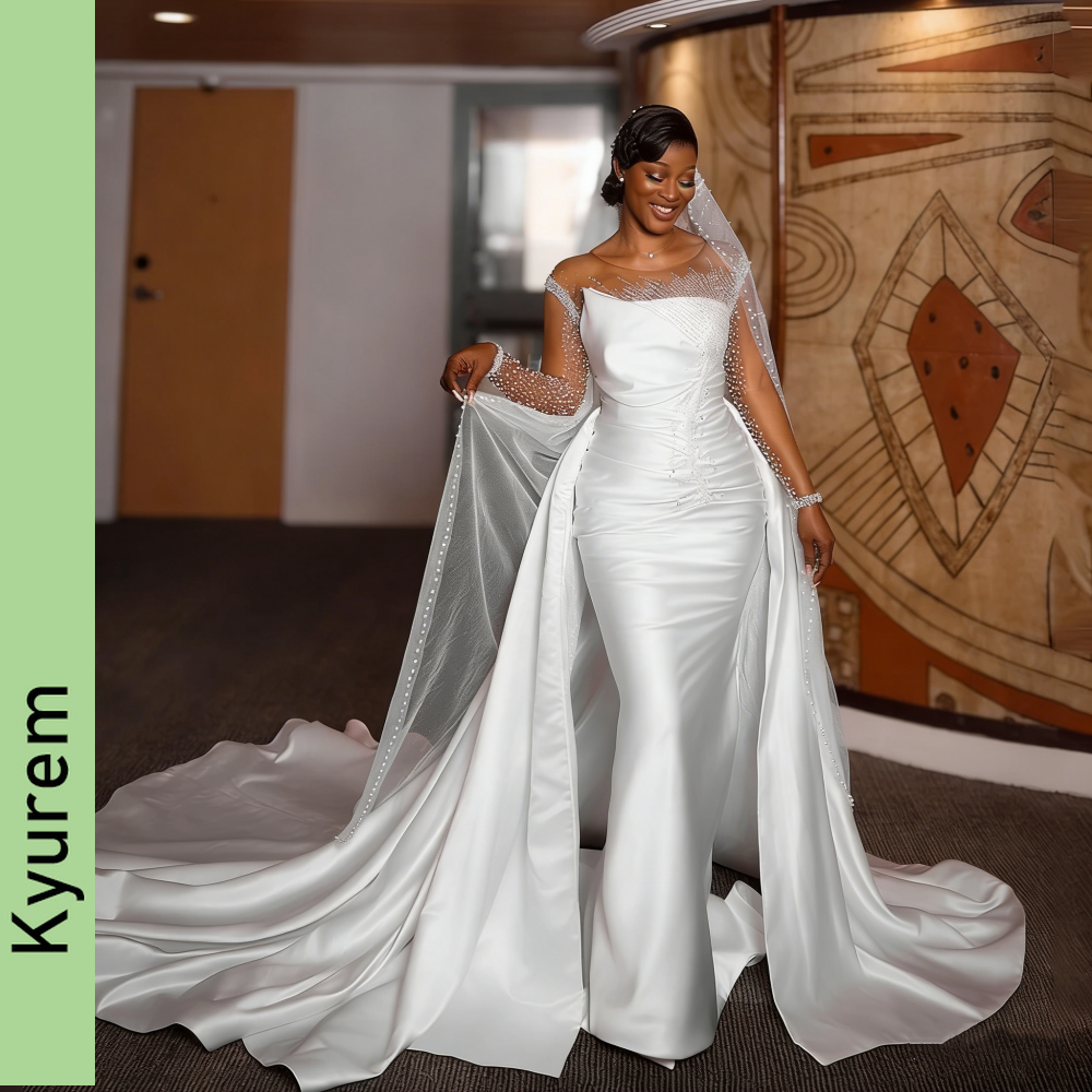 Elegant Phantom Long Sleeve Mermaid Wedding Dresses Satin Low Pearls Bride Dresses African White Wedding Dress Custom Made custom made
