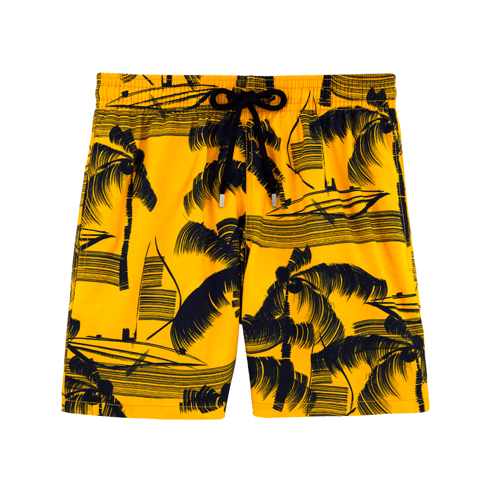 Men Bright Yellow Black Palm Tree Sailboat Print Swim Trunks Quick Dry Black Drawstring Beach Shorts Summer Surf Board Vacation Swimwear