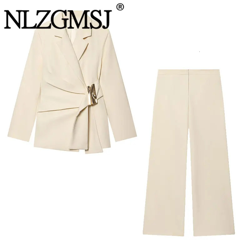 NLZGMSJ 2026 Spring Office Lady Chic Women Blazer Suit Solid Long Sleeve Zipper Pants Fashion 260623