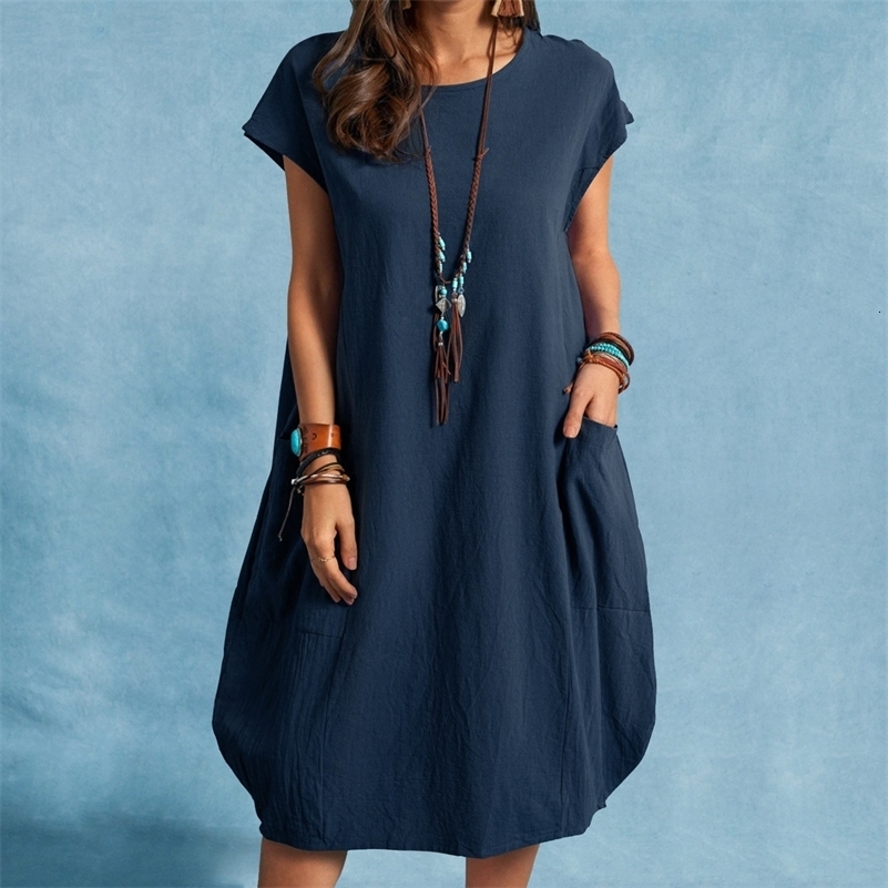 Spring and Summer Europe and the United States stand alone cotton linen loose casual pure color pocket dress ladies260601ww