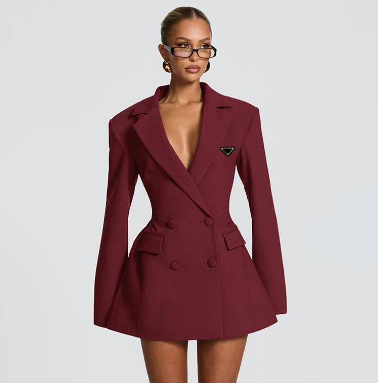 Designer New women's mid-length suits blazer s Solid color deep V-neck waist cinching ol office double breasted fashion top dress blazer