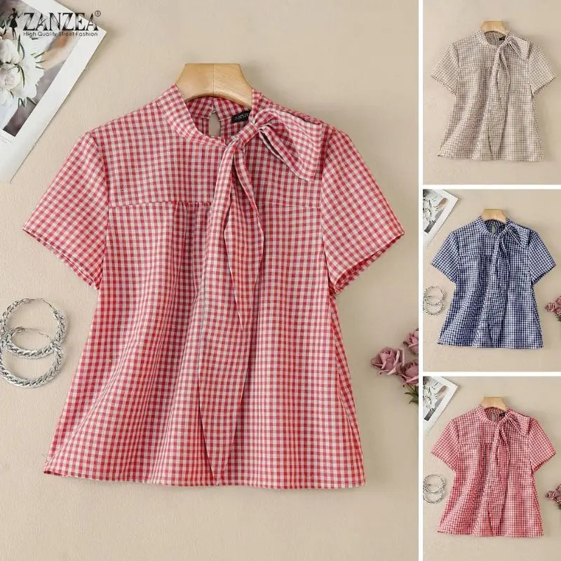 ZANZEA Summer Women Tops Elegant Work Shirt Stylish Short Sleeve Plaid Blouse Female Lace Up Holiday Blusas Casual Loose Mujer 260623