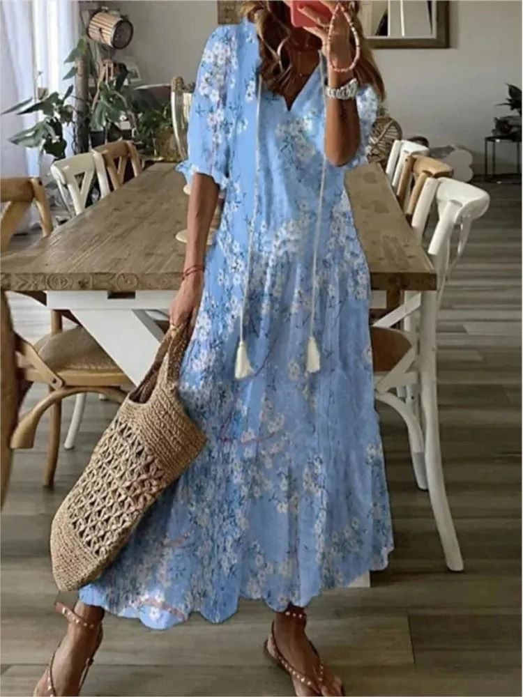 FALL Summer Womens Casual Sweet Loose Sexy V-neck Drawstring Fashionable Printed Long Sleeved Boho Bohemian Dresses 260623