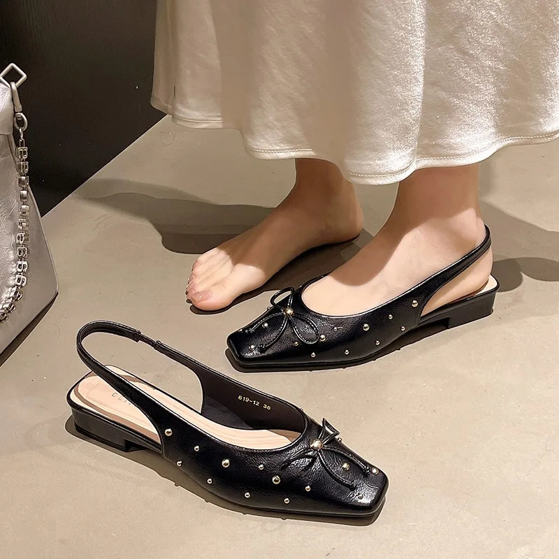 Soft Bottom Women Squared Toes Rivets Slip on Low Heels Shoes Fashion Punk Red Pumps Spring Autumn Ladies Shoes 260624