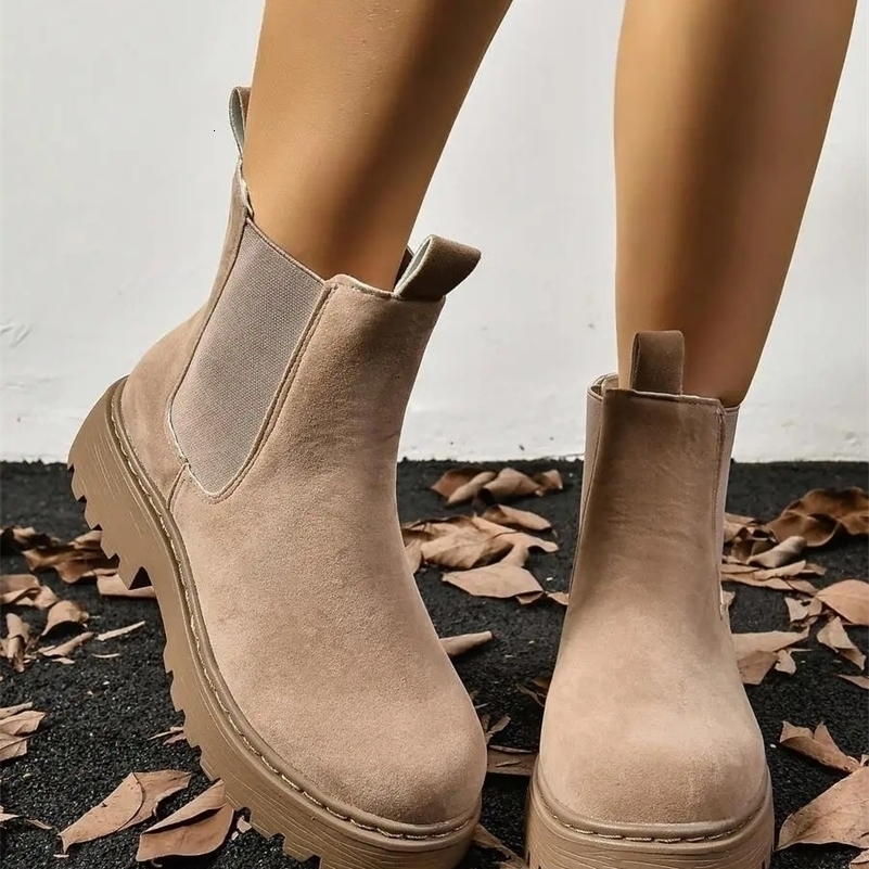 Womens Thick Sole Chelsea Ankle Boots Beige Fashion Chunky Platform Boots For Spring Autumn Winter 260623