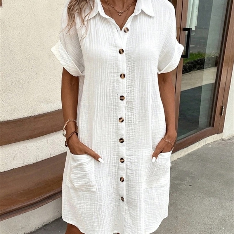 Vintage Women Solid Mini Dress Summer Fashion V-neck Three Quater Sleeve Cotton Linen Dress Ladies Casual Holiday Vestidos260601ww
