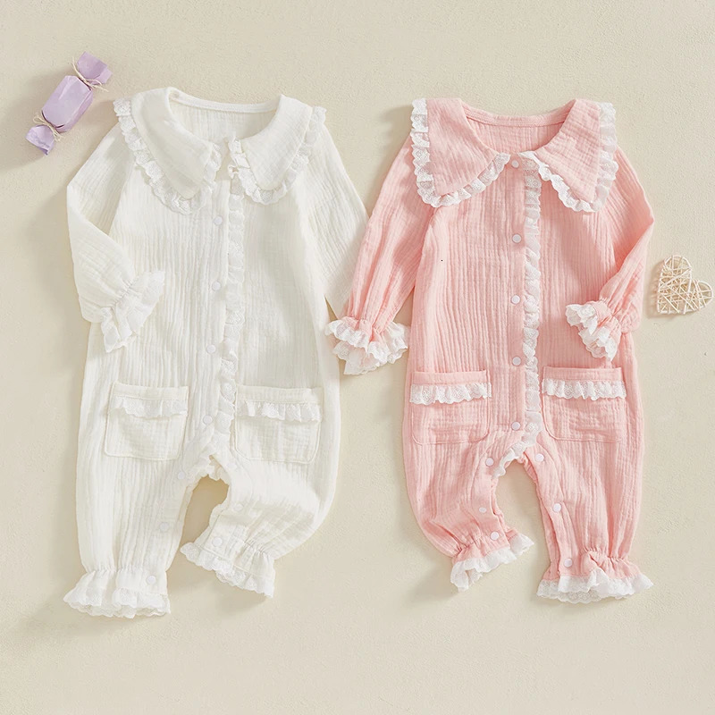 born Baby Girls Pajamas Jumpsuit Spring Cute Long Sleeve Lace Trim Doll Collar Button Closure Romper with Pockets for Toddler 260623