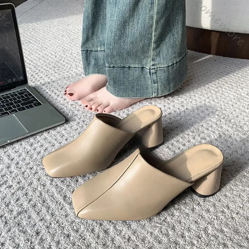 Baotou Half Slippers Women Square Head High Heels Shoes Fashion Outside Wear Thick Heel Solid Color Mules Slides Shoes 260624