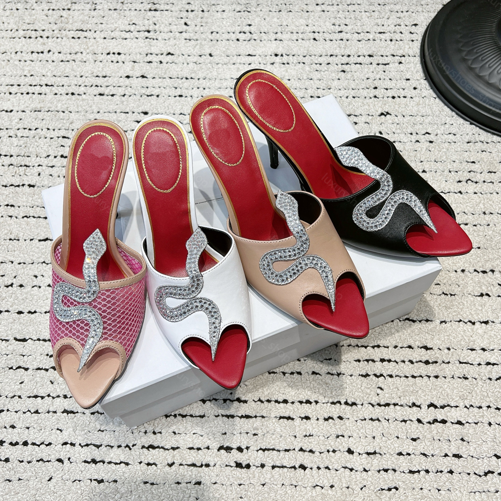 Damen-Sandalen mit Strass und Schlangen-Dekor und hohem Absatz, Mule-Sandalen, Sommer-Herzausschnitt, Peep-Toe-Slip-on-Slipper, Designer-Sandalen mi